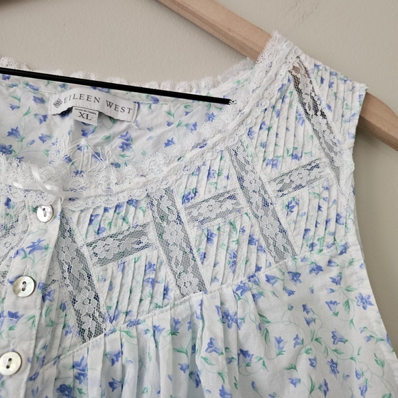 Eileen West Blue Floral Cottagecore Knee Length Sleeveless Sleep Dress - Picture 8 of 13
